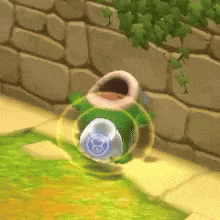 a cartoon turtle is sitting on the sidewalk next to a stone wall .