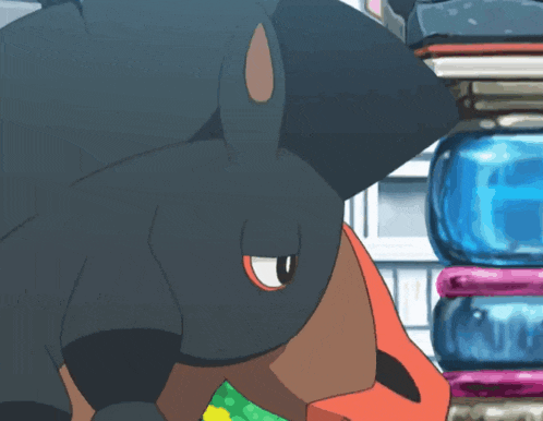 a cartoon character with a red beak is standing next to a stack of bottles