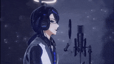 a cartoon character is singing into a microphone while wearing headphones .