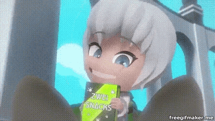 a cartoon girl is holding a box of snacks in her hands .