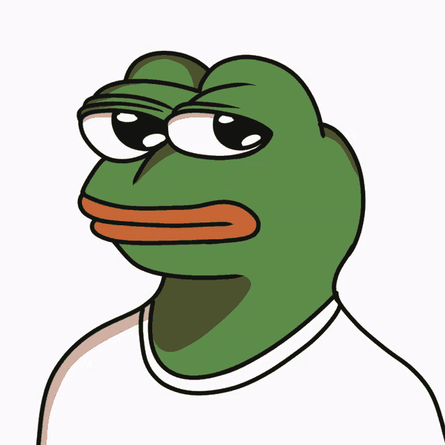 a green frog wearing a white shirt has a sad look on its face