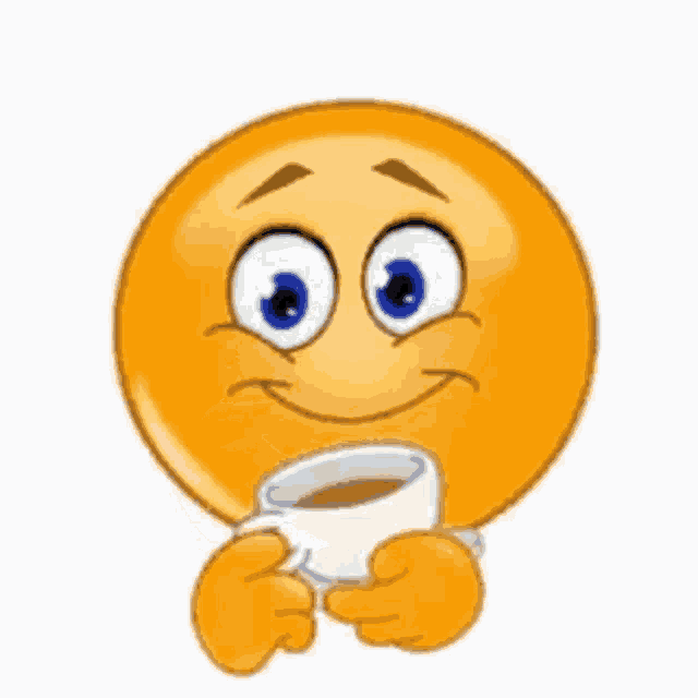 a smiley face is holding a cup of coffee