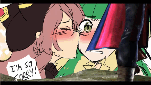a drawing of a girl kissing another girl with the words " i 'm so sorry " on a piece of paper
