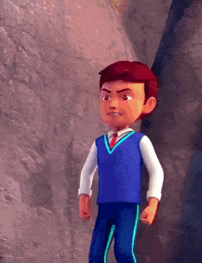 a cartoon boy in a blue vest and white shirt is standing in front of a rock wall