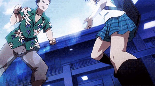 a man in a hawaiian shirt stands next to a girl in a blue skirt