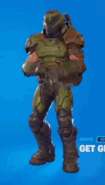 a doom slayer is dancing in a video game on a blue background .