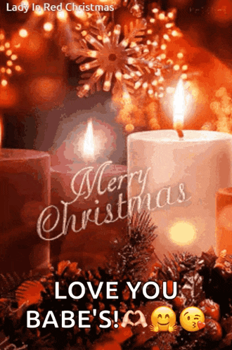 a merry christmas greeting card with candles and decorations
