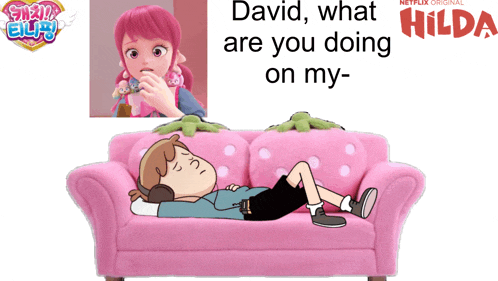 a cartoon of a boy laying on a pink couch with the words david what are you doing on my behind him