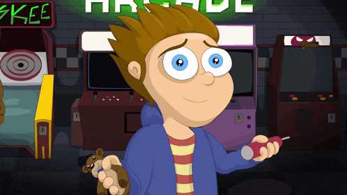 a cartoon of a boy holding a teddy bear in front of a sign that says skee