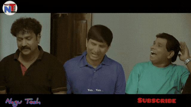 a group of men are laughing and one of them says yes