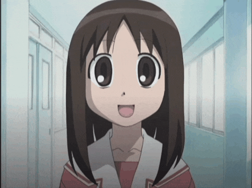a cartoon girl with brown hair and big eyes is smiling