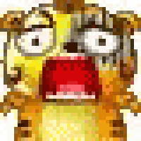 a pixel art of a tiger 's face with a surprised look on its face .