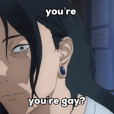 a close up of a person 's face with the words " you 're you 're gay " above it
