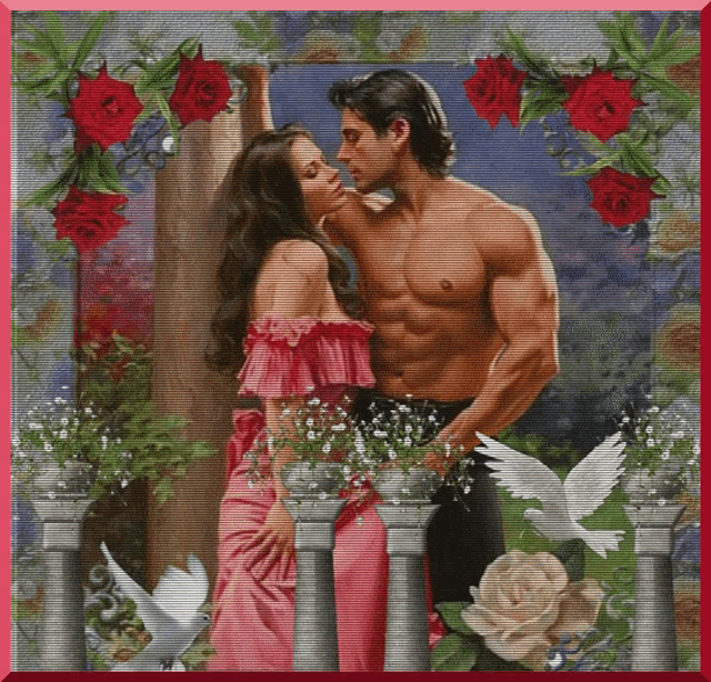a painting of a man and woman kissing with roses and doves in the background