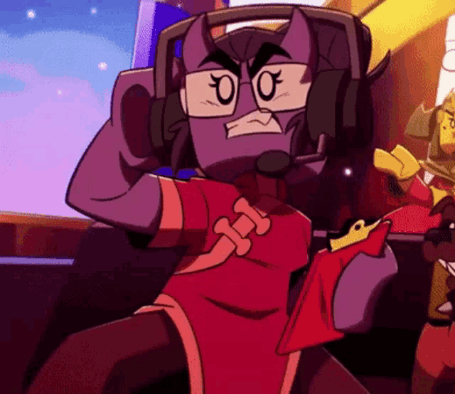 a cartoon character wearing headphones and a red shirt is holding a book .
