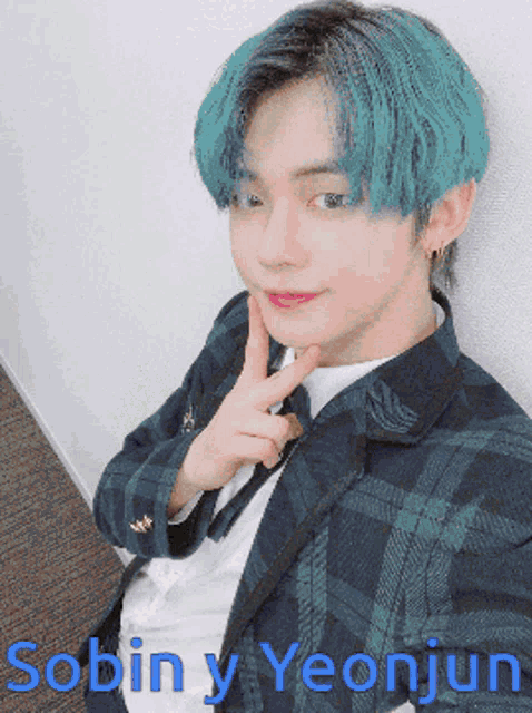 a picture of a young man with blue hair and the name sobiny yeonjun