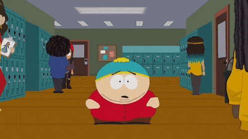 a cartoon character from south park is standing in a hallway with lockers
