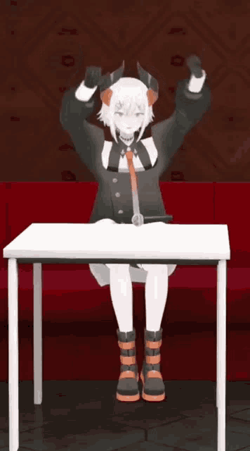 a girl with horns is sitting at a table with her arms outstretched