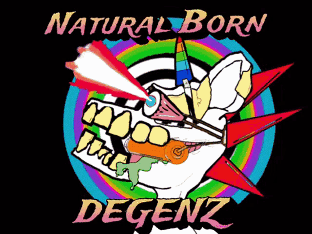 a cartoon drawing of a skull with a unicorn horn and the words natural born degenz
