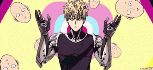 a cartoon of a man surrounded by heads with one being a cartoon character from one punch man