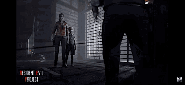 a video game called resident evil project shows a man pointing a gun at a girl