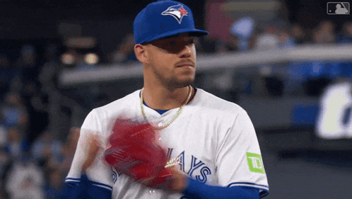 a baseball player wearing a blue jays jersey is getting ready to throw the ball