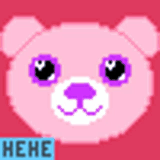 a pixel art of a pink teddy bear 's face with purple eyes .