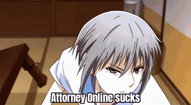 a cartoon character says attorney online sucks in front of a table