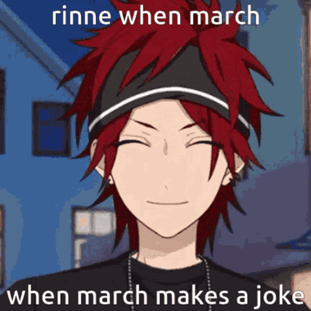 a cartoon character with red hair and a headband with the words rinne when march when march makes a joke