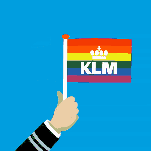 a hand holding a small rainbow flag with the klm logo on it