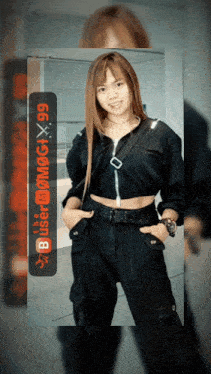 a woman in a black outfit is standing in front of a sign that says ' the biser ' on it