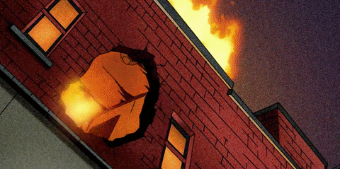 a cartoon drawing of a brick building with fire coming out of the windows