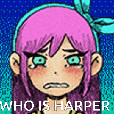 a cartoon girl with pink hair and green eyes is crying with the words who is harper written below her