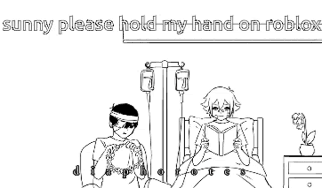 a black and white drawing of two people sitting in a hospital bed holding hands .