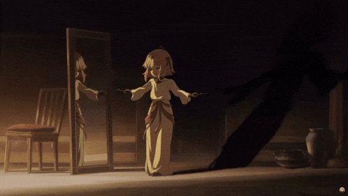 a girl is standing in front of a mirror with a shadow of a person behind her