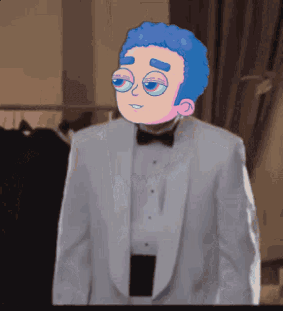 a cartoon character in a tuxedo with blue hair