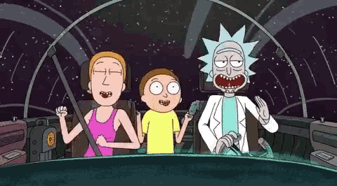 a group of cartoon characters , rick and morty , are sitting in a space ship .