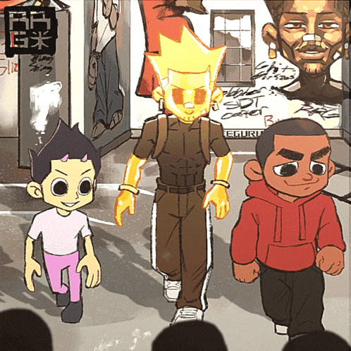 a group of cartoon characters are walking in front of a sign that says eguru on it