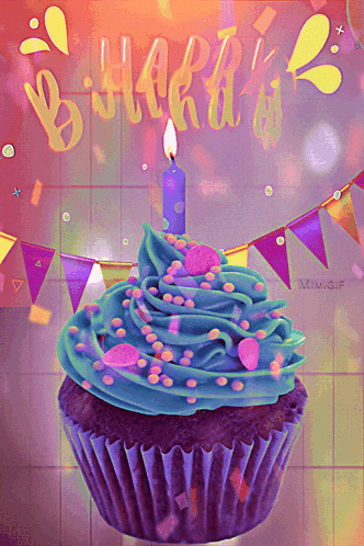 a birthday cupcake with blue frosting and a lit candle on top