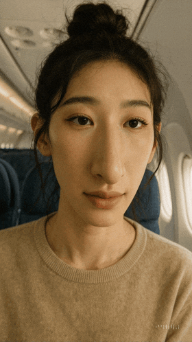 a close up of a woman 's face with a bun on her hair