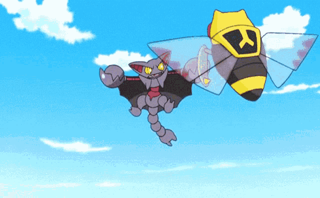 a cartoon of a bat and a bee flying in a blue sky