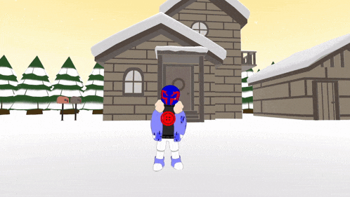a cartoon character standing in front of a house with snow on the roof