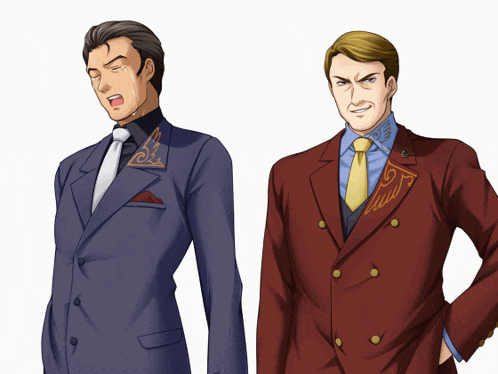 a man in a blue suit and a man in a red suit are standing next to each other on a white background