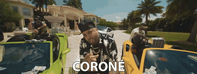 a man sitting in a yellow car with the word corone on the bottom