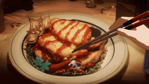a person is holding chopsticks over a plate of food with ketchup on it