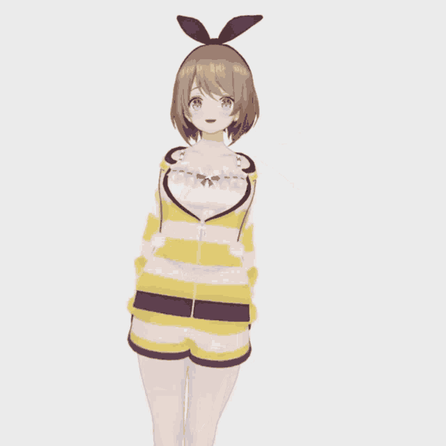 a girl with bunny ears on her head is wearing a yellow and white striped outfit