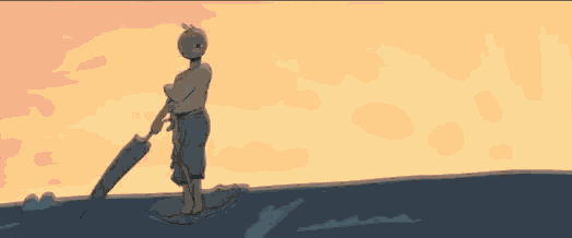 a cartoon drawing of a person standing on top of a mountain .