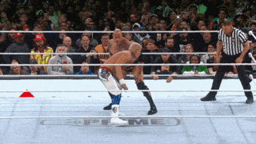 two wrestlers in a ring with a pfme logo on the floor