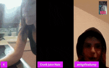 a woman and a man are on a video call with the name crunk juice nate at the bottom of the screen