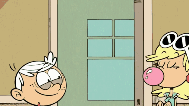 a cartoon character blowing a pink bubble gum